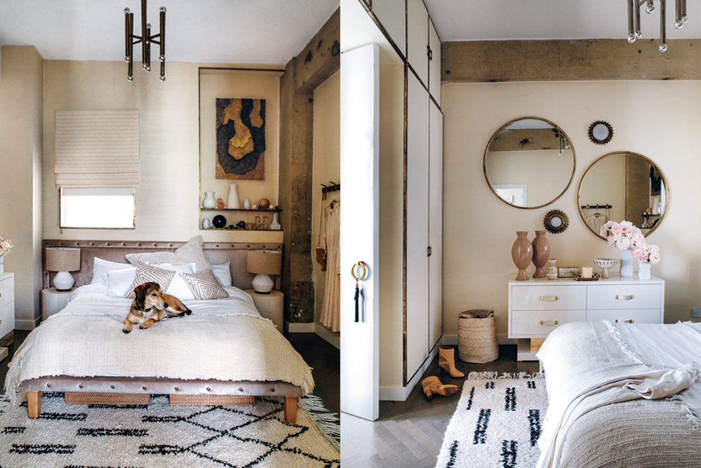 Hayley's dog Maggie poses on the bed. A woven basket, linen coverlet and straw-coloured rug add rustic touches to the bedroom and contrast the flat's glamorous leanings.