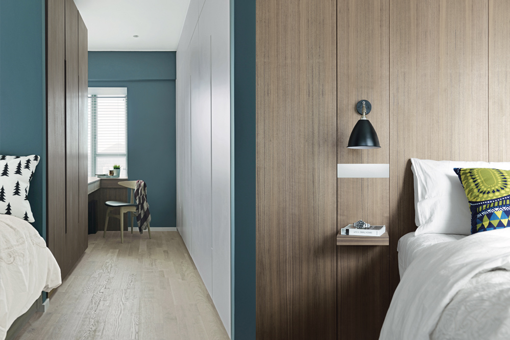 A feature wall in teal leads to a compact study tucked behind the en suite bedroom – it's a sunbathed nook that serves as a comfortable workspace for the owner. The bedroom's wood panelling creates a sense of warmth; the built-in nightstand and light is a clever space saver.