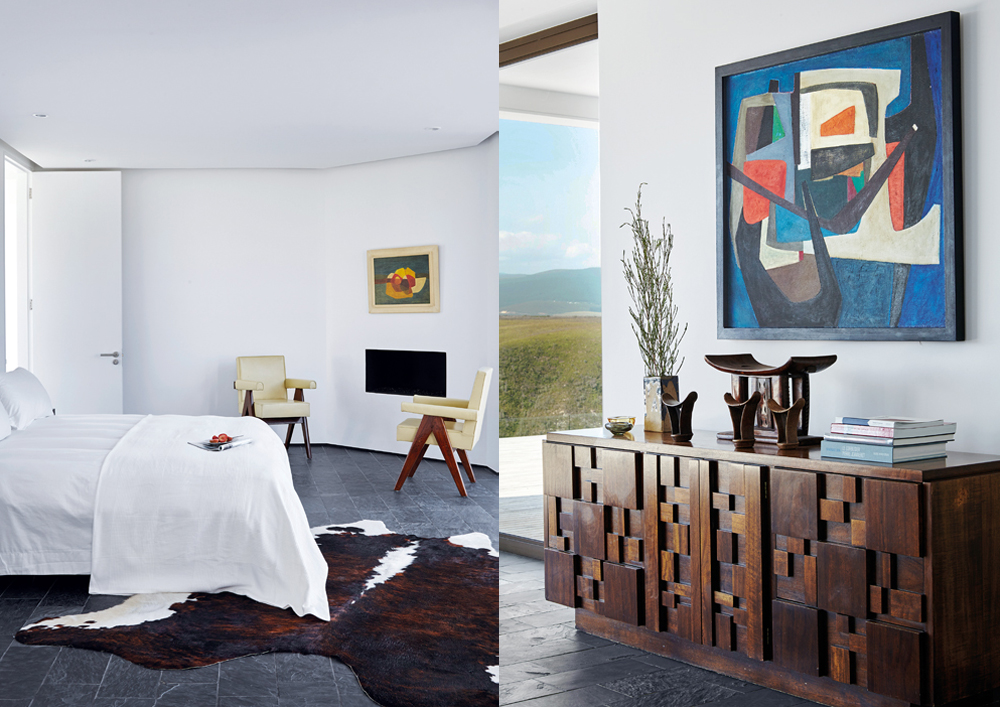 The design of the main bedroom suite embodies elegant restraint; it includes further variations on Pierre Jeanneret’s Chandigarh furniture and a painting by Erik Laubscher. Another painting by Erik Laubscher hangs above the American Lane Altavista sideboard.
