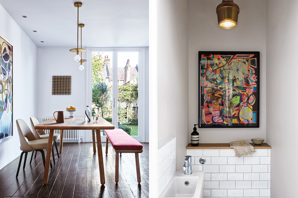 The guest bathroom features a collage by Danny Rolph and a brass ceiling light by Alvar Aalto.