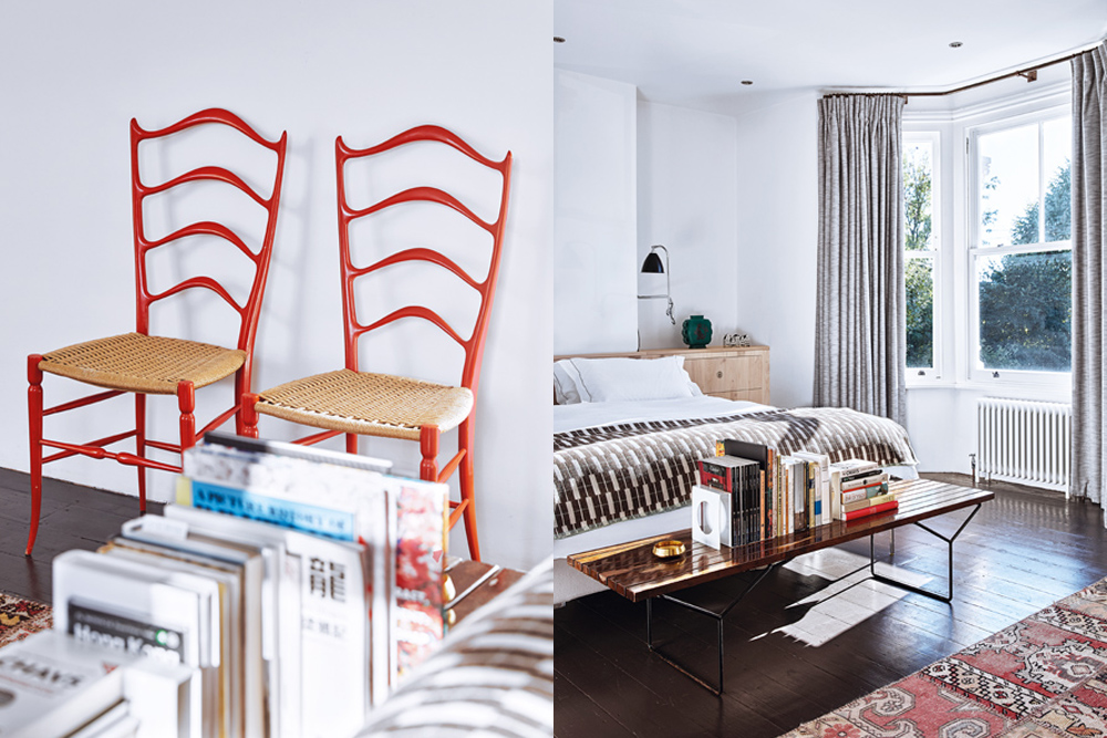 Vintage chairs by Gio Ponti are lacquered in coral red. In the master bedroom, bedside tables are custom-made by Another Country and integrated into the headboard.