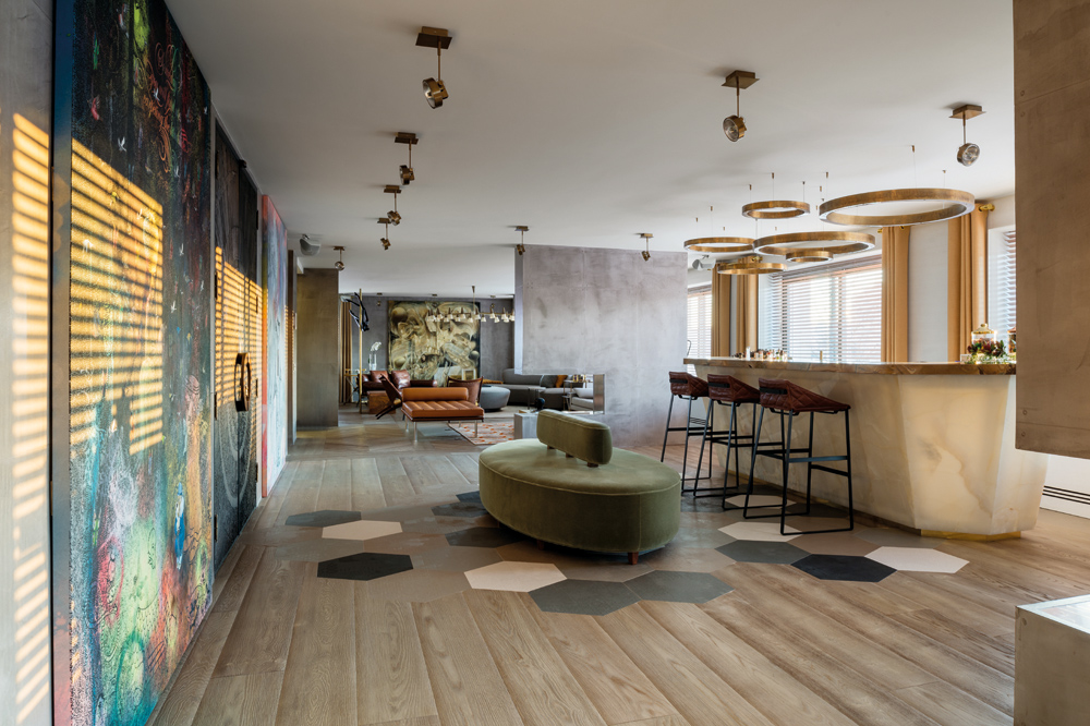 The wooden floor unifies the space.