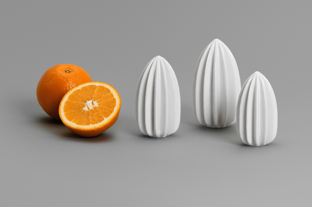 EE Juicer Set by Everything Elevated, a  graphic set of juicers in gloss white 3D printed porcelain.