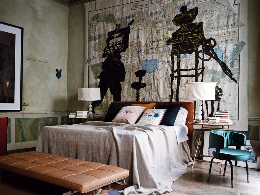 In the bedroom a symphony of old and new culminates in the tapestry by William Kentridge