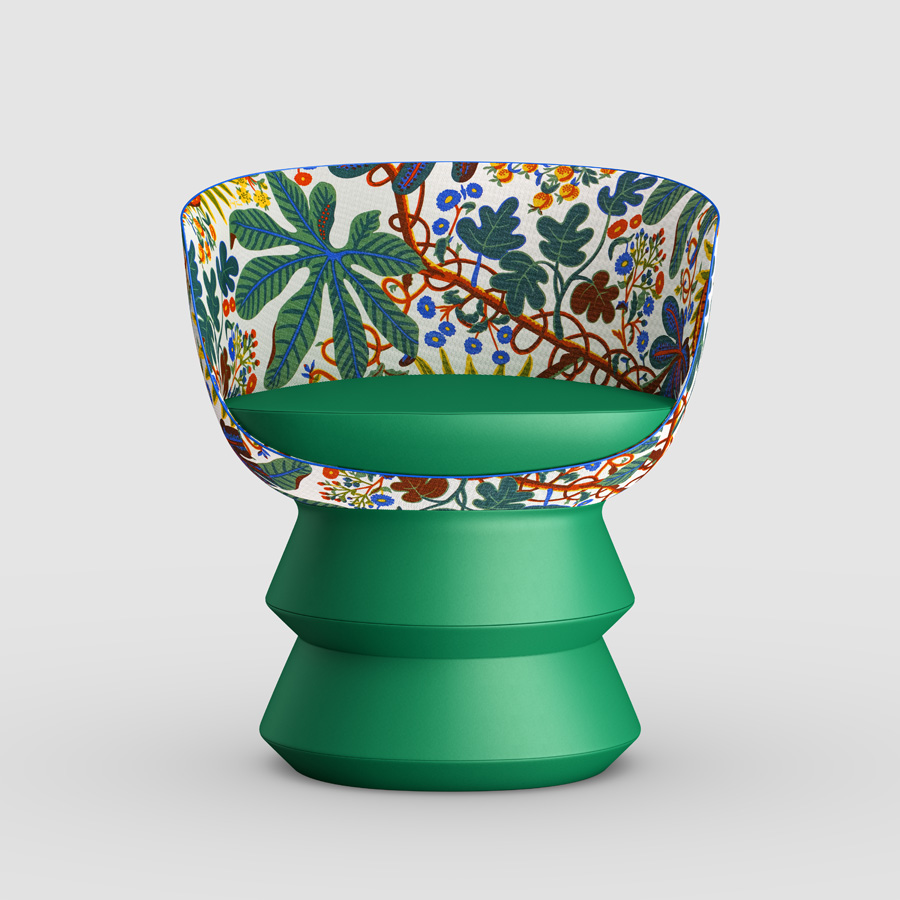 An exotically-patterned chair by Raw Edges exudes playfulness and individuality