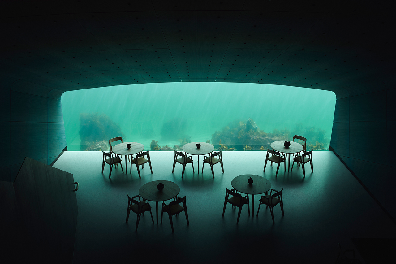 The dining room, with views under the North Sea, can seat 40. (Photo: Ivar Kvaal, courtesy of Under)