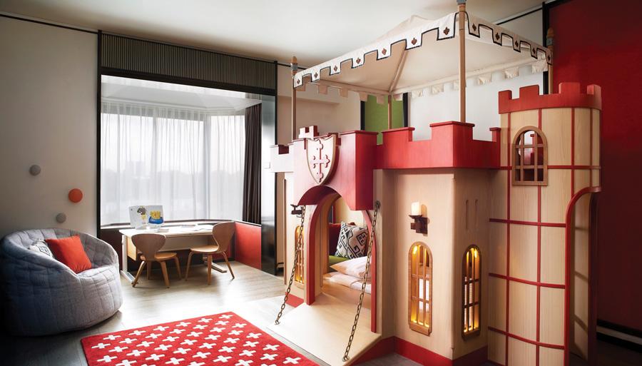 Castle (above) and Treetrop are two of five themed family suites at the Tower Wing, within which is another special feature: a tunnel connecting the children’s room to the parents’ room