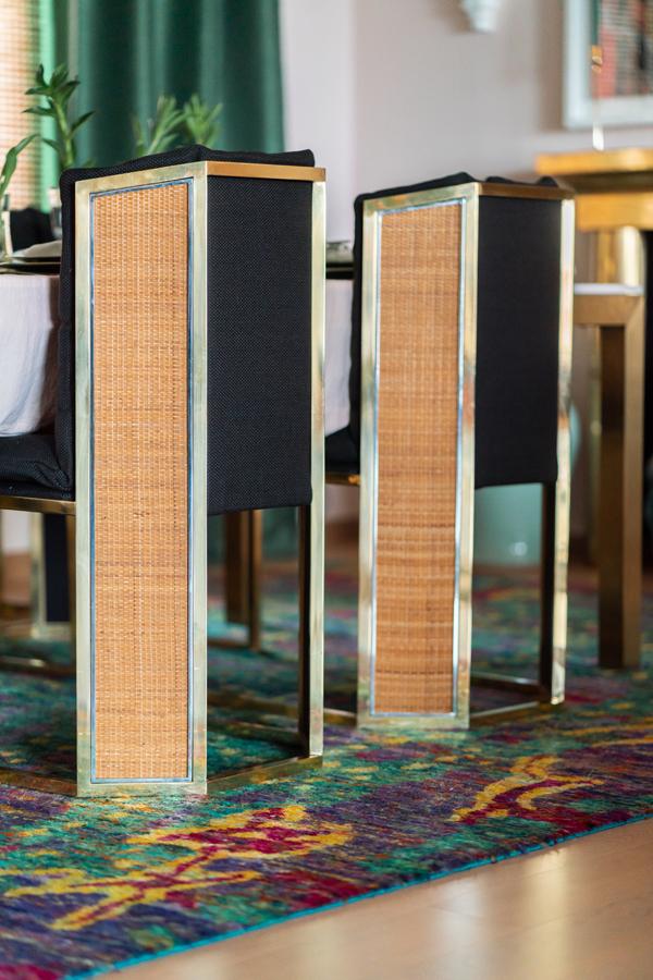 Recently sourced Romeo Rega brass and rattan chairs upholstered in black Jim Thompson fabric