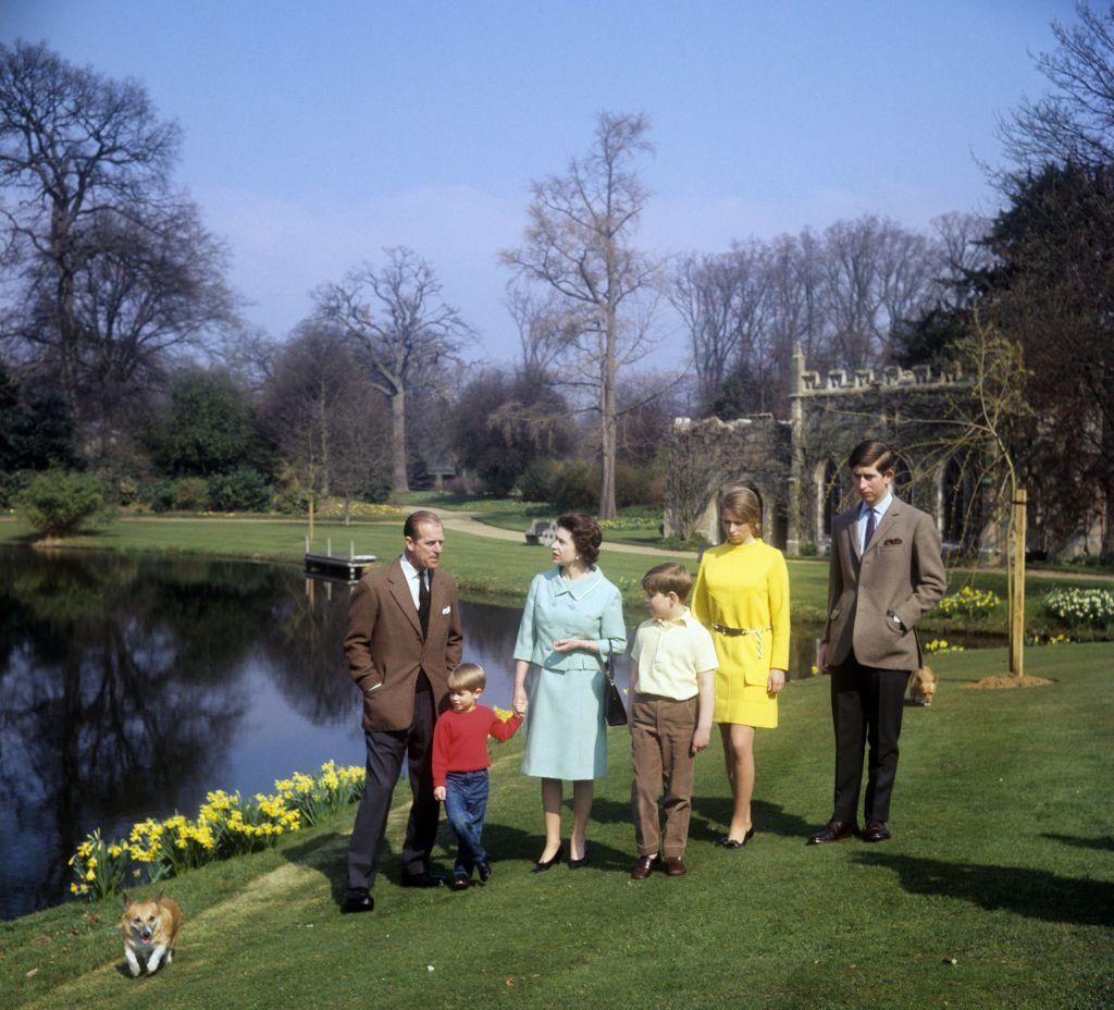 The Queen and Prince Philip taking a stroll with their children at Frogmore in 1968