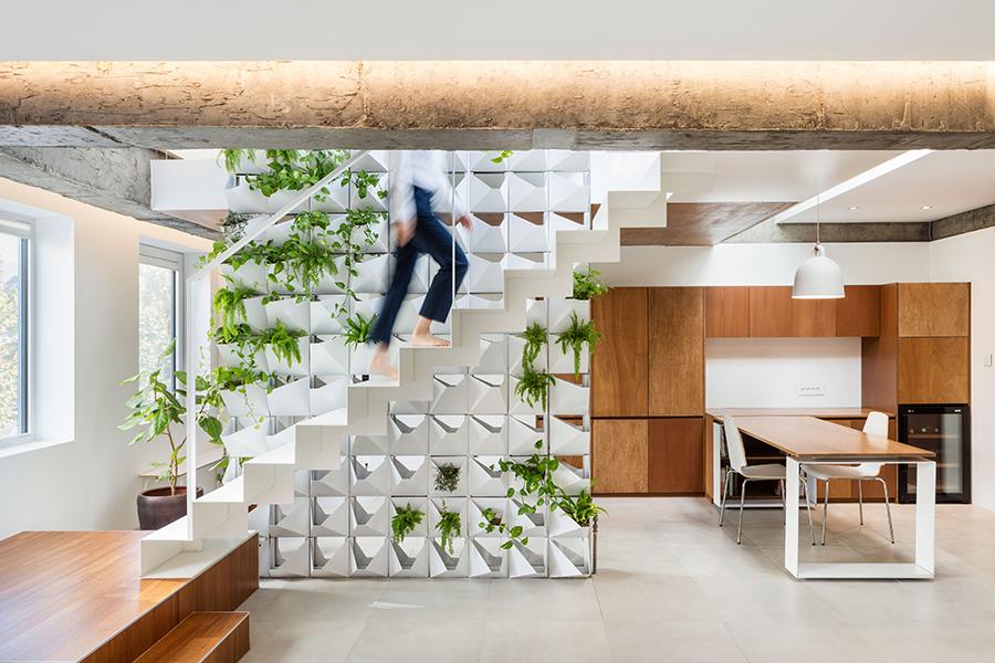 The loft's central feature is a custom-built green wall. (Photo: Kyungsub Shin)