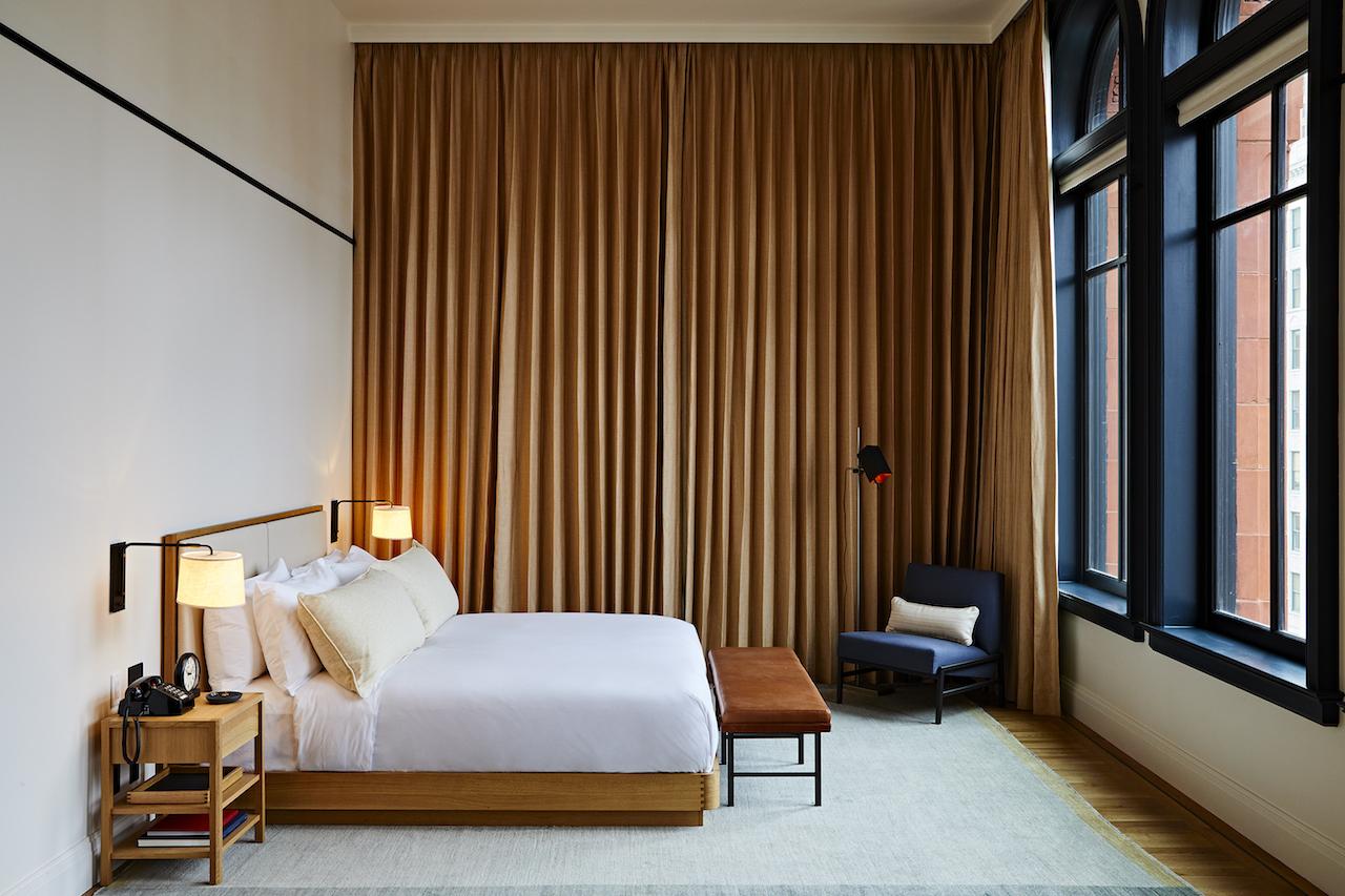The hotel has 129 residential-style guest rooms; guests sleep on 100% cotton, 300-thread-count percale custom bed linens from Frette