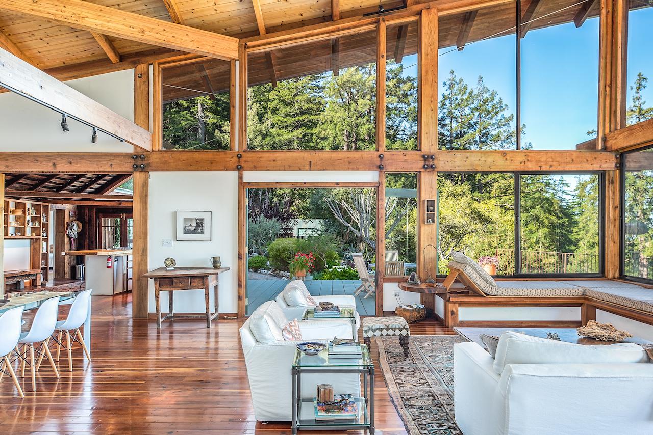 Redwood beams in the home were sourced and milled from the land and the entire property is off grid with solar system and natural spring water