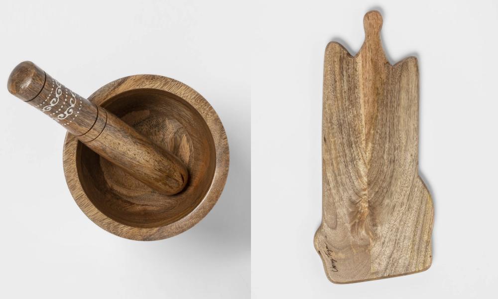From left: The Mango Wood Mortar & Pestle Set and the 18" My Go To Serving Board