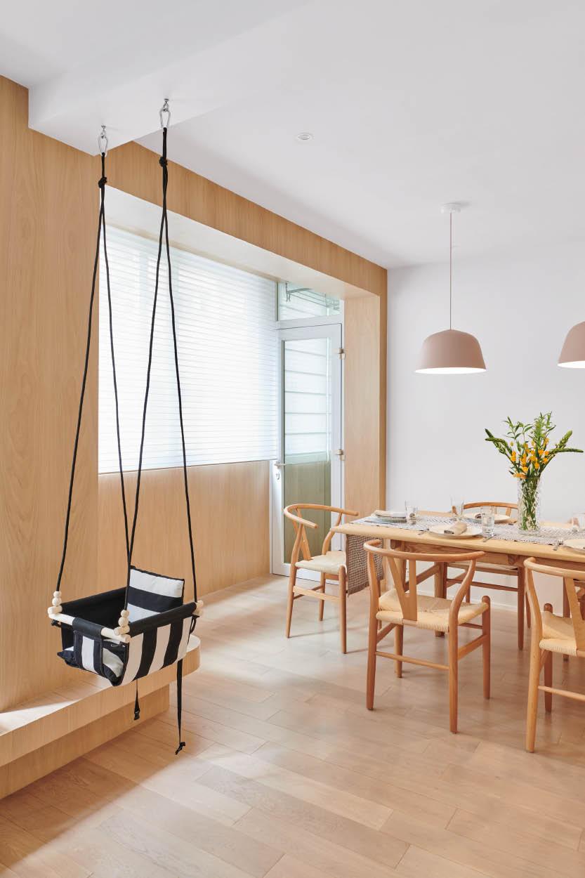 Hidden ceiling hooks are added to host a baby swing chair