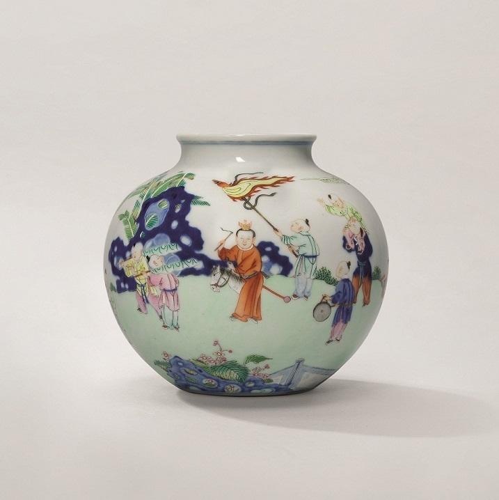 A fine and very rare famille rose ‘boys’ jar Qianlong six-character seal mark in underglaze blue and of the period (1736-1795). 6 in. (15.3 cm.) high. HK$6,000,000-8,000,000
