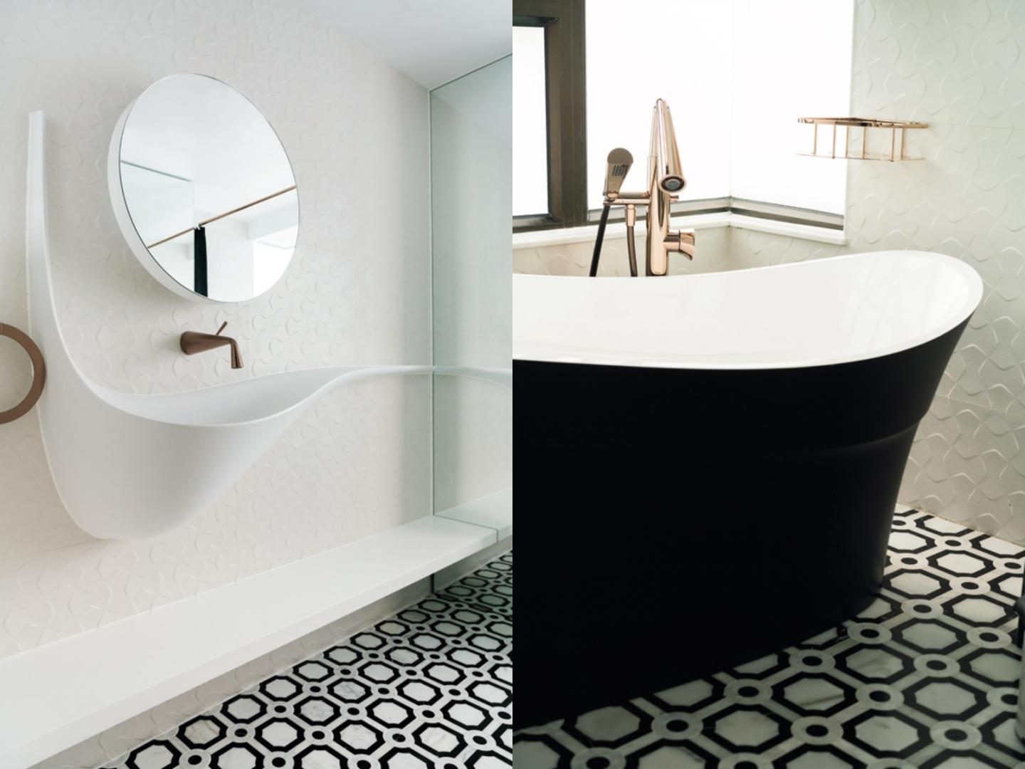 The master bathroom boasts a basin by Flaper, a colourliving bathtub and floor tiles by Arnhold & Co