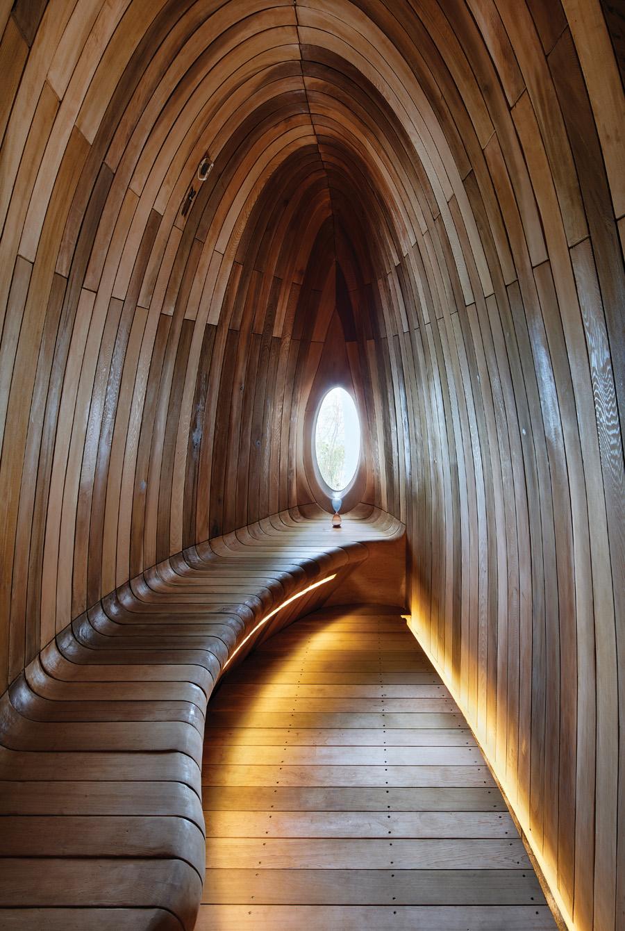 The sauna room punctuated with timber accents