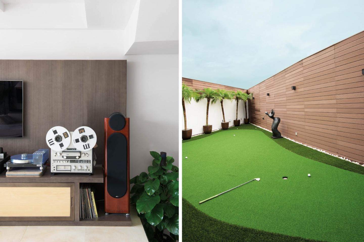 Outside boasts a miniature putting green for daughter Inara, a golf whiz