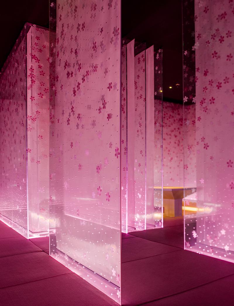 The second-floor dining area with sakura-filled partitions. (Photo: Courtesy of Shanghai Hip-pop Design)