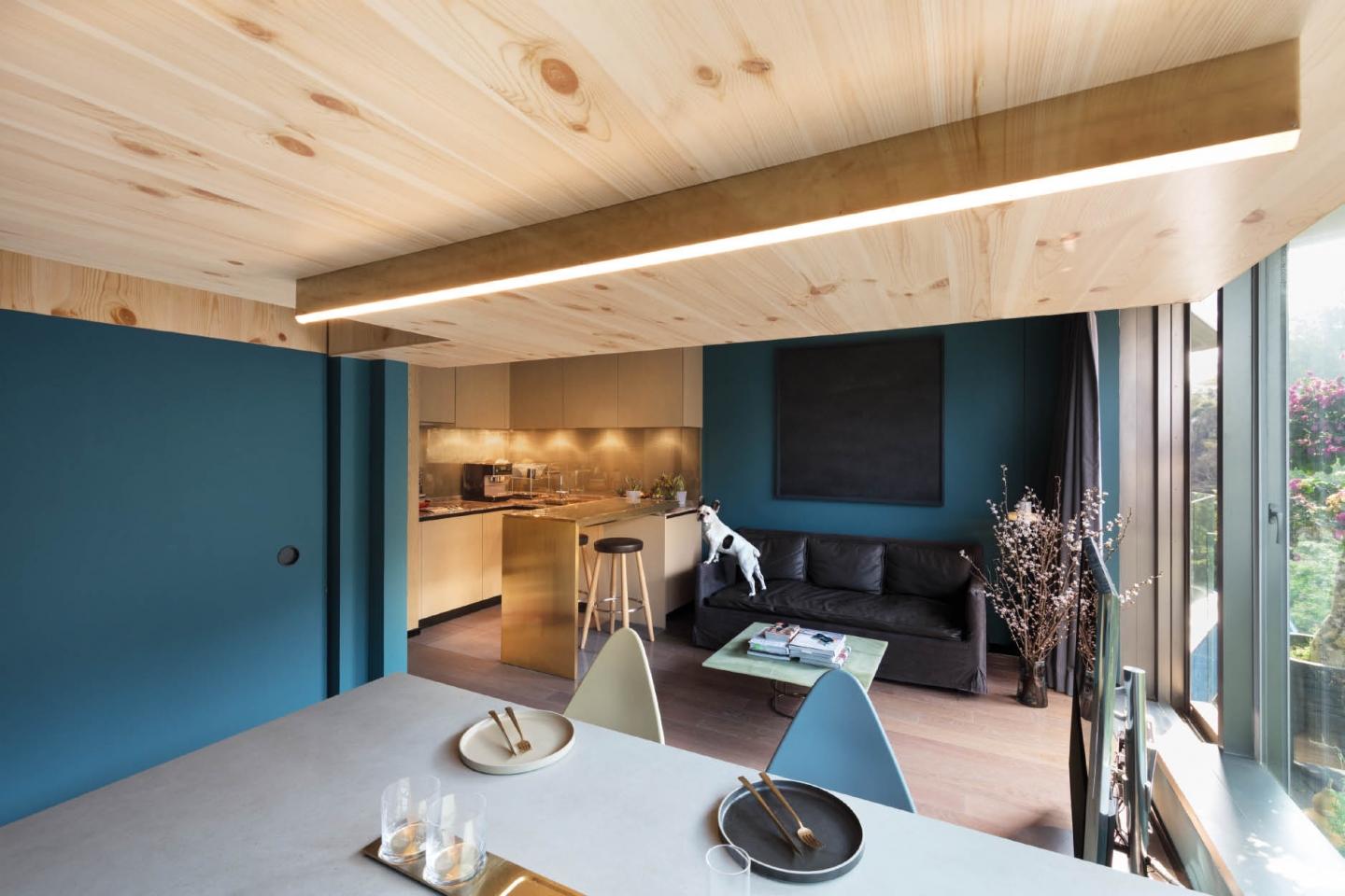 設計師巧妙利用松木鑲板天花分隔客廳和飯廳，並 裝上特製天花燈