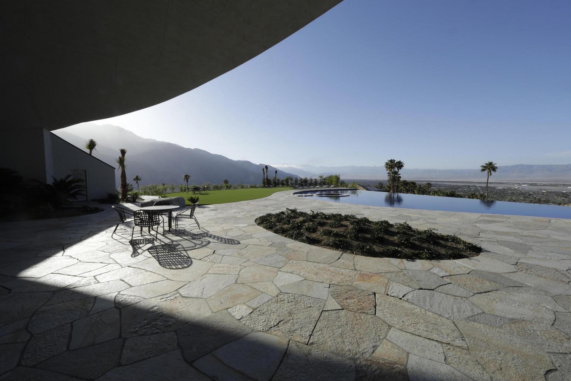 The outdoor terrace looks out to Coachella Valley