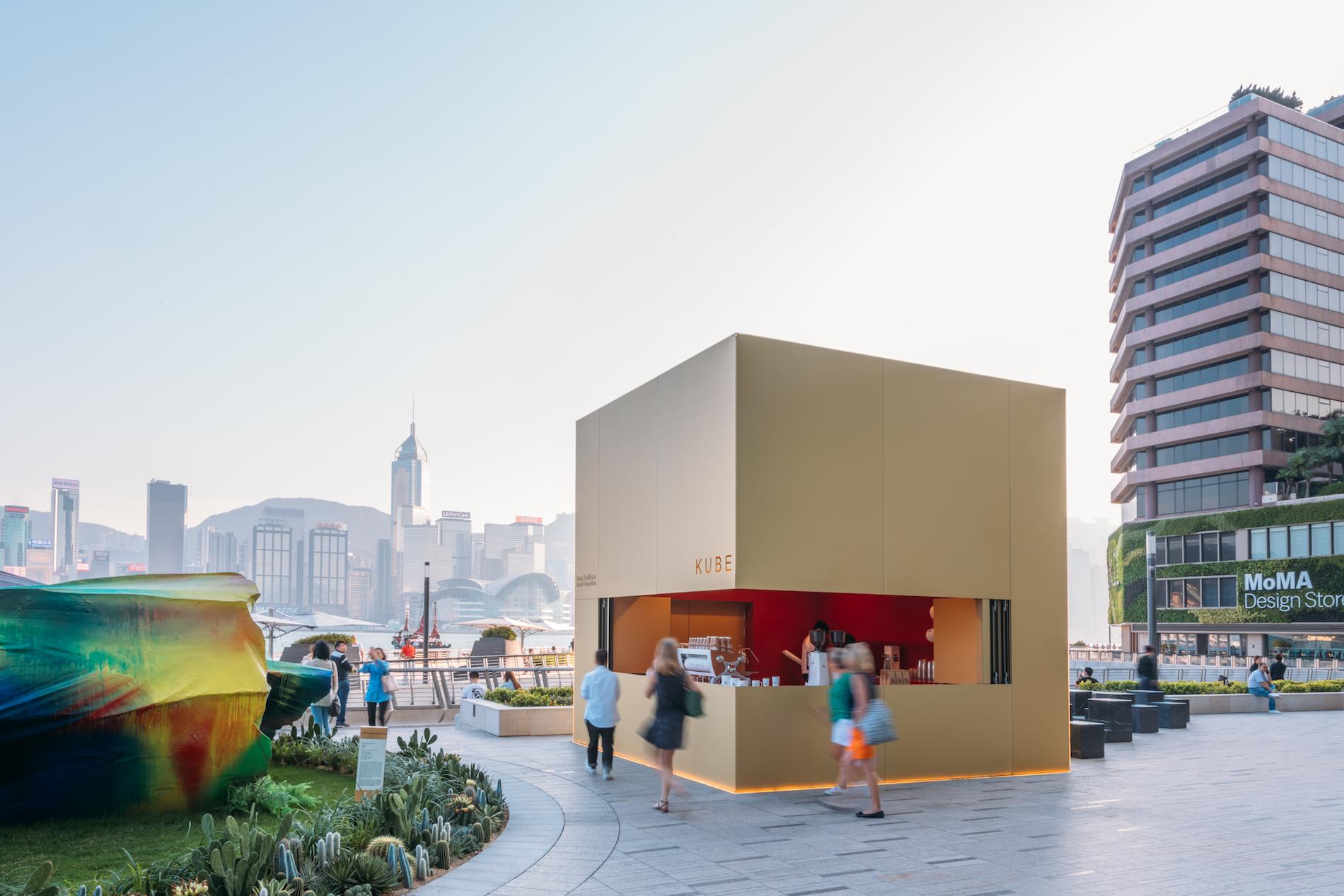 OMA Unveils The % Arabica Golden Cube at Victoria Dockside