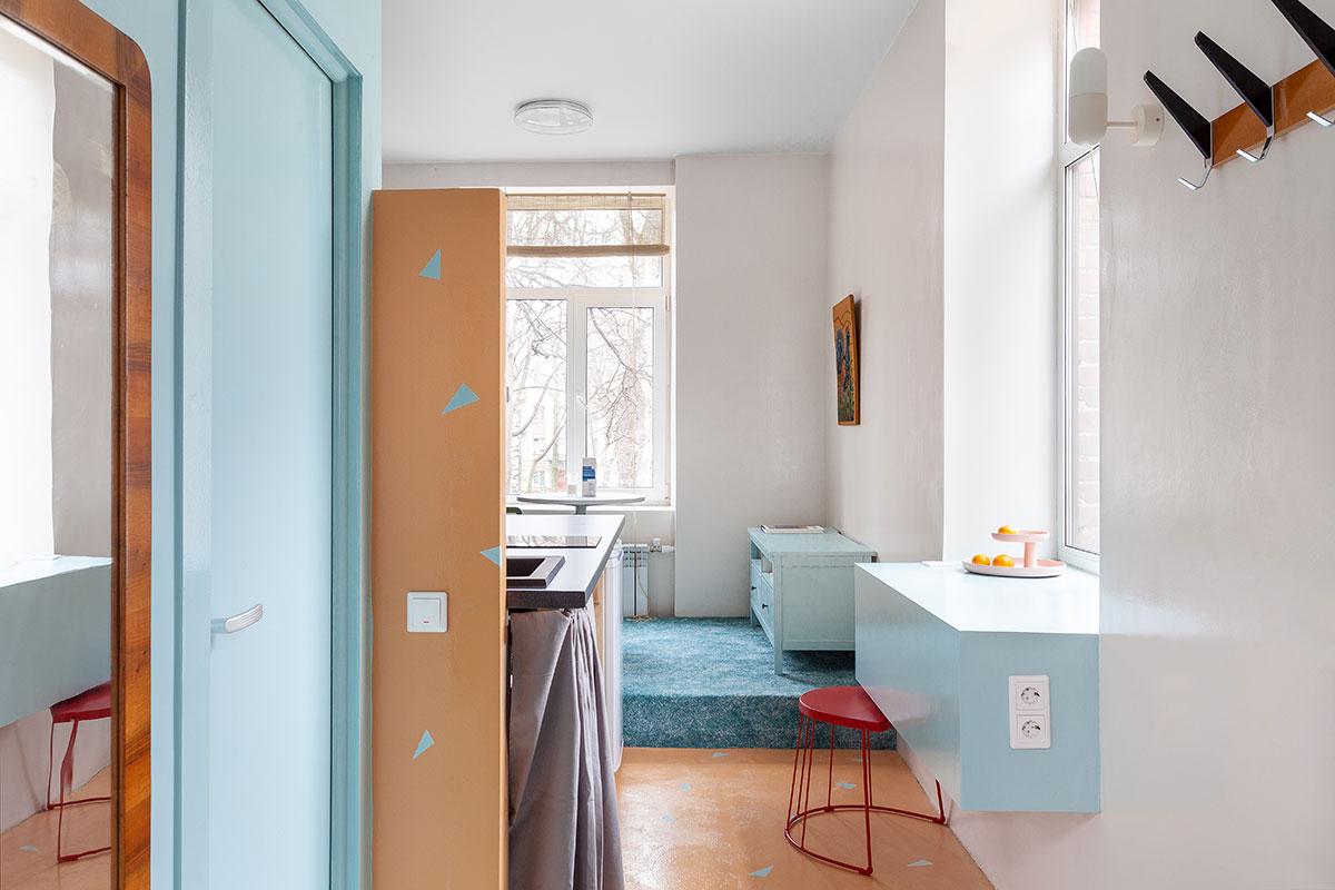 Lively Colours Separate Different Living Areas in This 182sqft Apartment