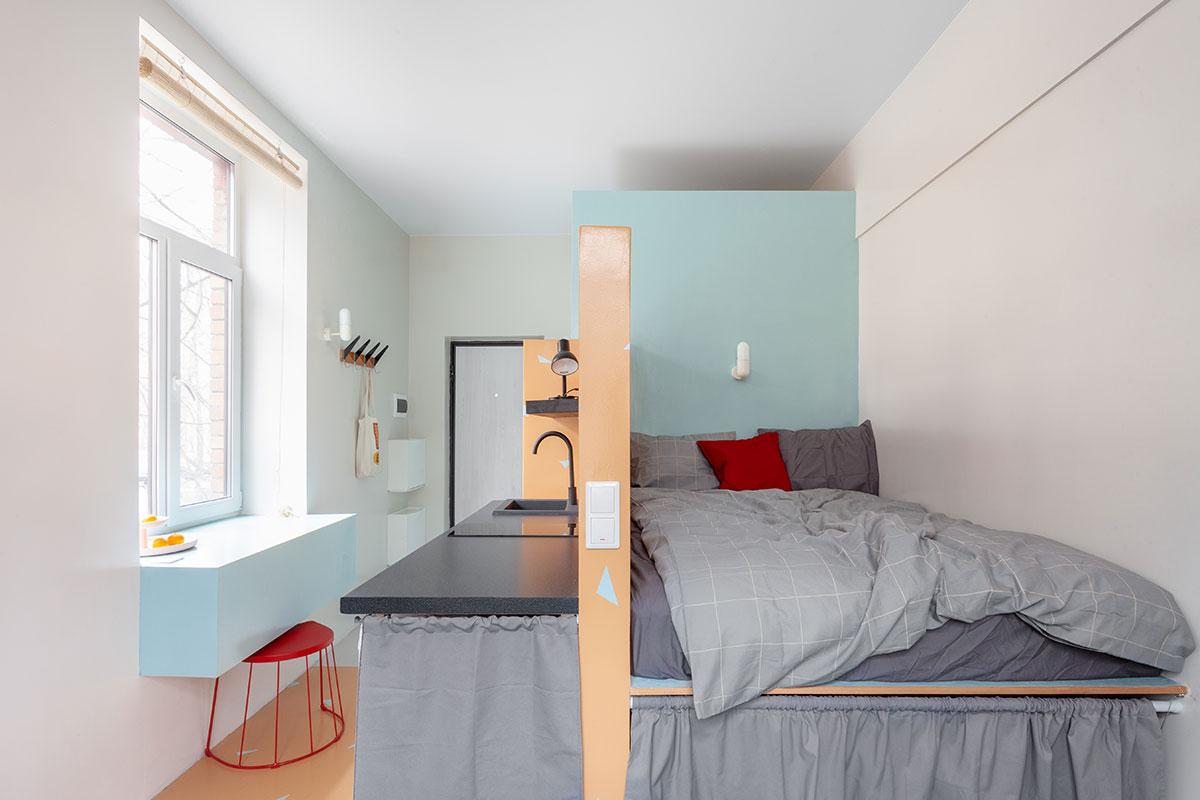 Lively Colours Separate Different Living Areas in This 182sqft Apartment