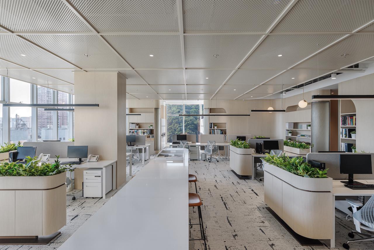 透過靈動曲線設計及大自然元素，將荃灣辦公室翻新成開揚明亮的綠意空間