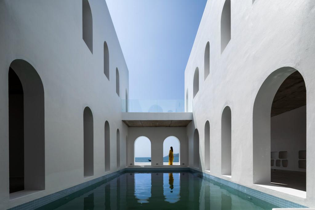 Inside the Santorini-inspired white mansion at the shore of Van Phong Bay